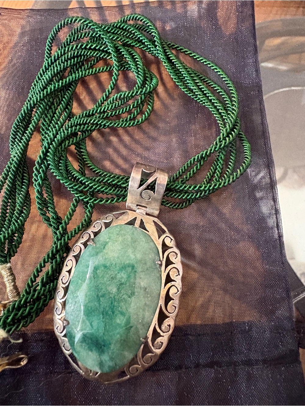 Aventurine Stone Pendant Necklace with Silver-Tone Filigree and Green Cord